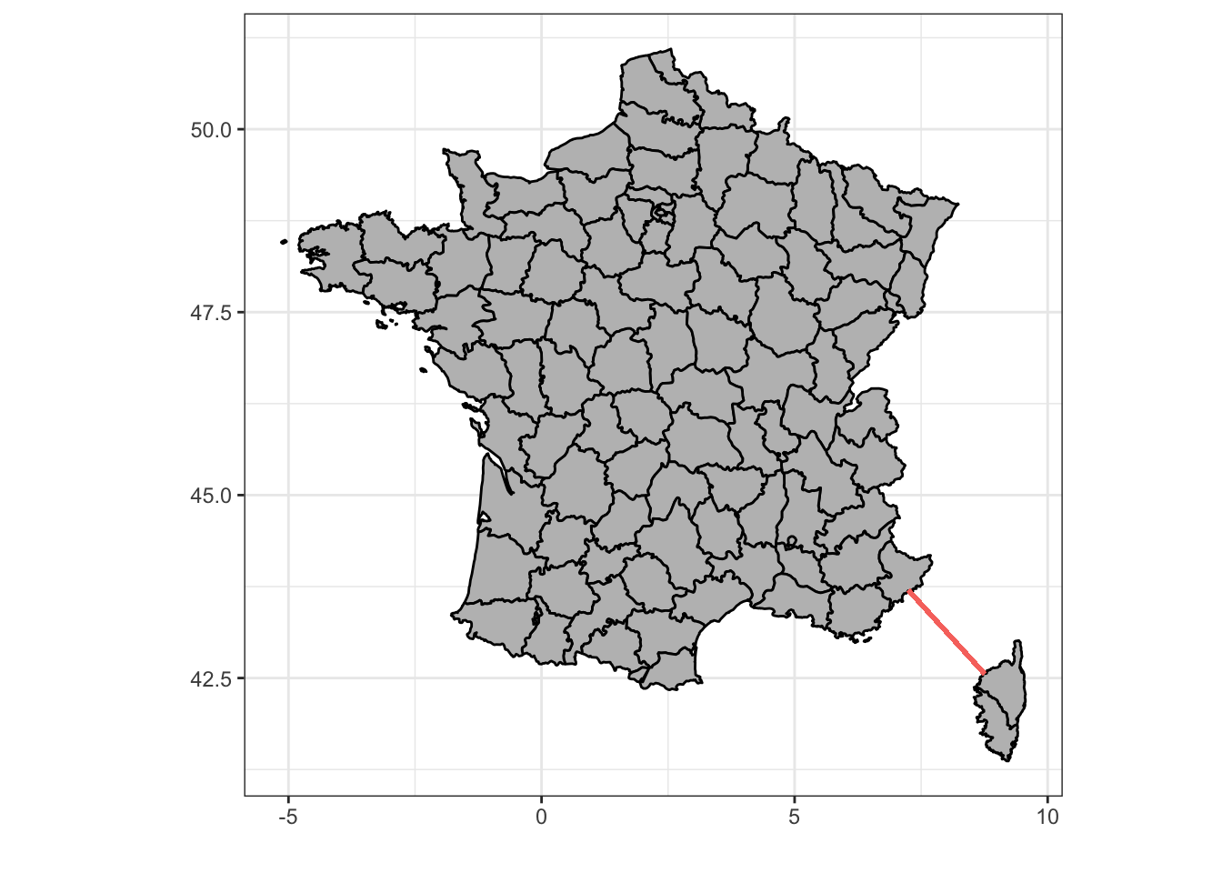 Une séries de 68 stations équiréparties le long d'un transect entre Nice et la Corse (trait rouge) sont échantillonnées pour la physico-chimie (`marphy`) et le plancton (`marbio`).