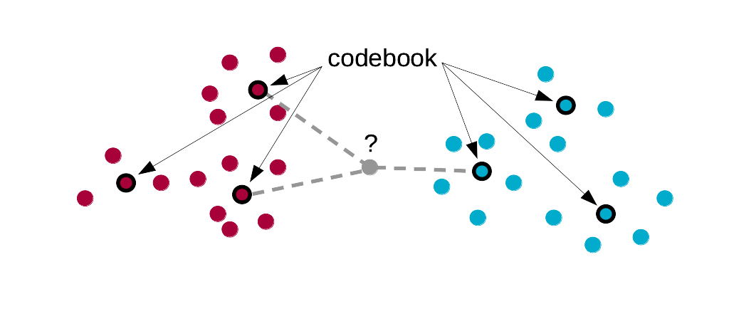 Un exemple fictif et visuel de classification par quantification vectorielle à deux classes (rouge et bleue) résumée via un dictionnaire (“codebook”) de taille size = 6. Ce dictionnaire est ensuite utilisé comme référence pour déterminer la classe de l’individu inconnu en gris par k plus proches voisins avec k = 3. On en déduit qu’il s’agit probablement d’un individu de la classe rouge ici puisque deux centroïdes rouges sont plus proches contre un seul bleu.