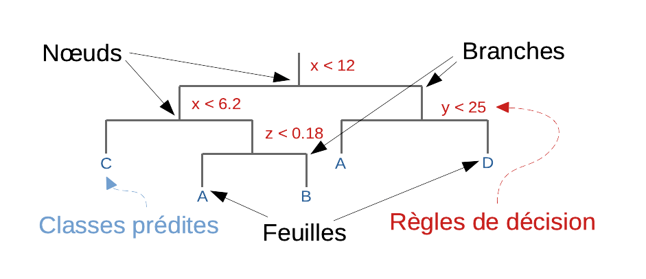 Schéma du principe d’un arbre de classification en quatre classes A, B, C et D en utilisant les attributs x, y et z. À chaque nœud, un attribut et un seuil sont choisis afin d’établir une règle de décision (en rouge). Pour un individu dont il faut prédire la classe, nous parcourons l’arbre de branche en branche depuis tout en haut et bifurquons à gauche ou à droite selon la comparaison au seuil fixé à chaque nœud : vers la gauche si la variable est inférieure au seuil, vers la droite si elle en est supérieure ou égale. Les feuilles représentent chacune une classe (en bleu, duplications possibles). Arrivés à une feuille, nous obtenons donc la classe prédite pour cet individu.