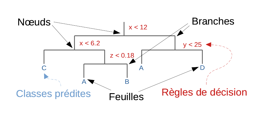 Schéma du principe d’un arbre de classification en quatre classes A, B, C et D en utilisant les attributs x, y et z. À chaque nœud, un attribut et un seuil sont choisis afin d’établir une règle de décision (en rouge). Pour un individu dont il faut prédire la classe, nous parcourons l’arbre de branche en branche depuis tout en haut et bifurquons à gauche ou à droite selon la comparaison au seuil fixé à chaque nœud : vers la gauche si la variable est inférieure au seuil, vers la droite si elle en est supérieure ou égale. Les feuilles représentent chacune une classe (en bleu, duplications possibles). Arrivés à une feuille, nous obtenons donc la classe prédite pour cet individu.